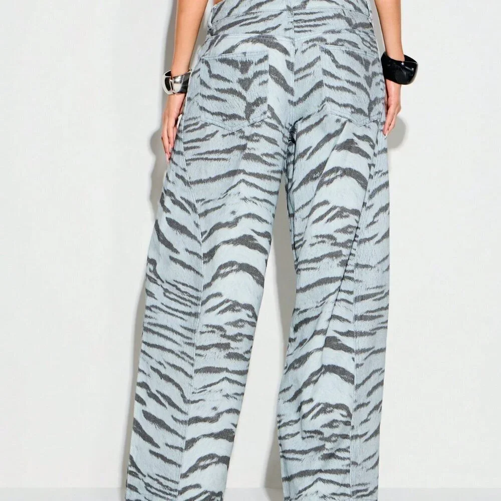 Light Wash Casual Women's Wide Leg High Rise Palazzo Jeans with Tiger Print